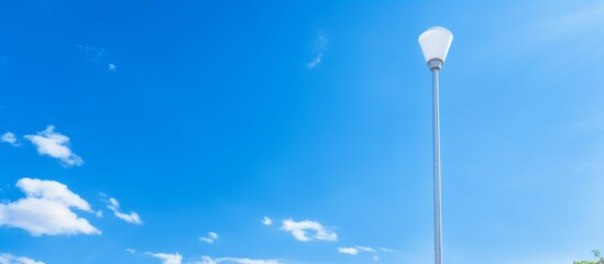 A street light pole rises from the natural landscape, with a light bulb hanging in the sky amid fluffy cumulus clouds and an electric blue atmosphere - obrazy, fototapety, plakaty