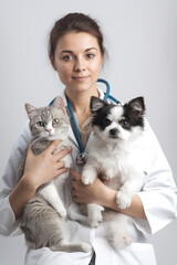 Veterinarian with a cat and a dog on a gray background