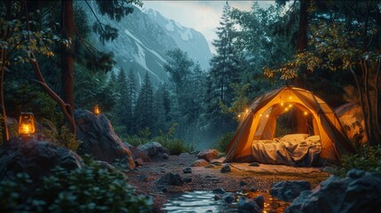 night, synthwave dreams, a bed in a tent, a beautiful Korean woman is sleeping, Outside the tent, landscaping the forest - obrazy, fototapety, plakaty