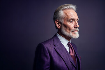 Obraz premium Portrait of a handsome senior man with grey hair wearing a purple suit.