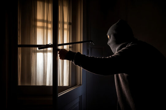 Thief in balaclava breaking into a house with crowbar