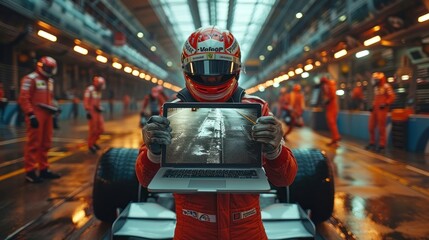 Formula-1 pilot holding a blank screen laptop in a Formula-1 arena
