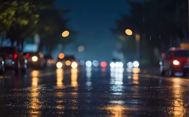 Rain at night on road with blurred lights background high quality photo  - Powered by Adobe