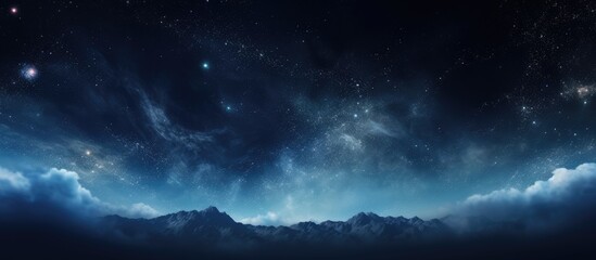 View of majestic mountains stretching into the distance under a blanket of sparkling stars in the night sky - obrazy, fototapety, plakaty