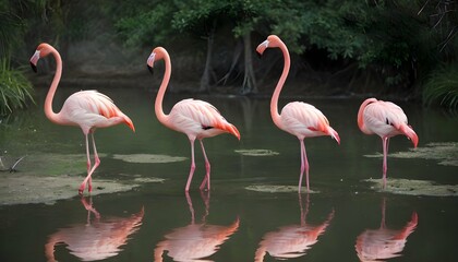 Flamingos Resting On One Leg In A Peaceful Pond