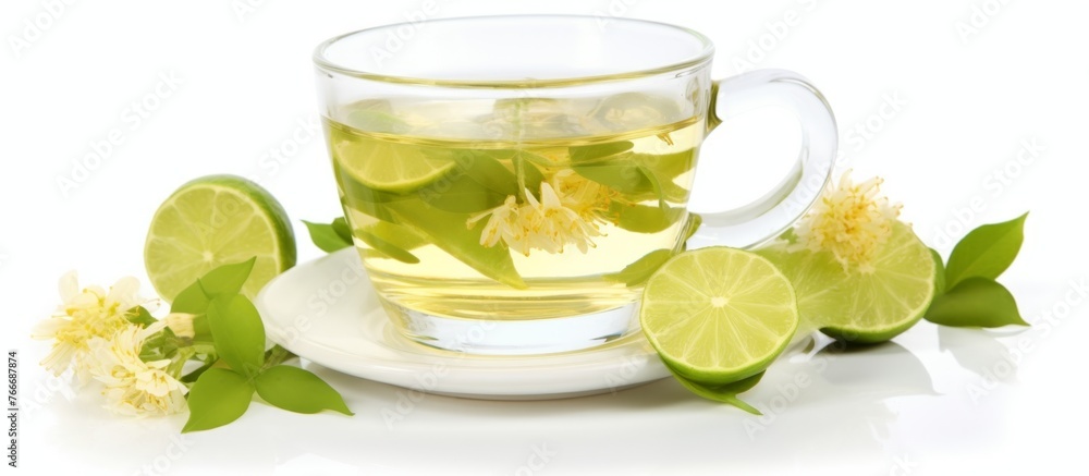 Poster A delightful tableware setting featuring a cup of green tea garnished with lime slices and flowers on a saucer, creating a refreshing citrusinfused drink
