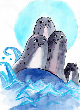 Family of the seals. Watercolor illustration.