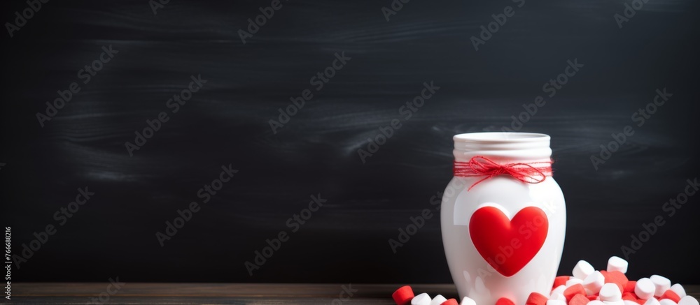 Poster a liquidfilled jar with a red heart design sits on a table beside a stack of sweet candy. the event 