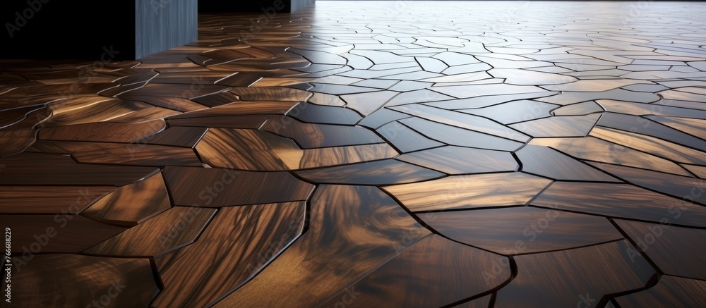 Aufkleber close-up view of a wooden floor showcasing a detailed pattern of tiles and grains, creating an inter