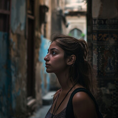 Obraz premium Contemplative Young Woman Exploring Narrow Alley in Historic Town