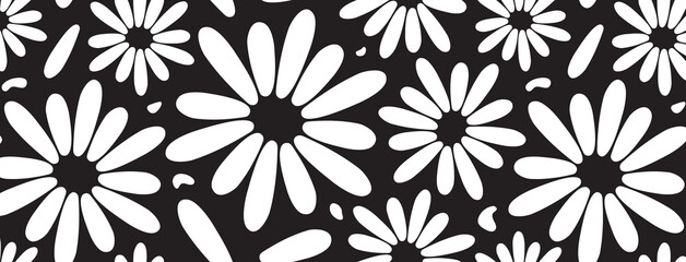 Groovy floral seamless pattern, spring flower vector background, funky daisy print, cute summer chamomile black and white textile. Abstract simple monochrome illustration
