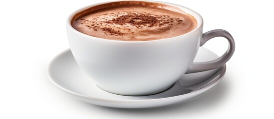 Fototapeta premium A steaming cup of hot chocolate sits on a delicate saucer, against a clean white background. The contrast of the dark beverage against the light tableware creates an inviting scene