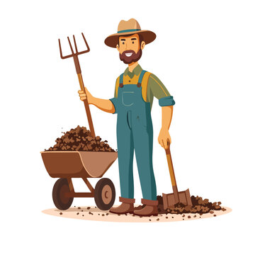 The farmer or gardener holding a pitchfork and whee