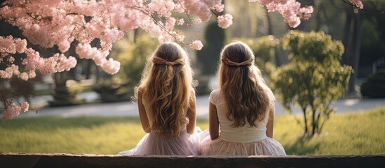 Two girls are leisurely sitting on a bench in a natural landscape under the sunlight of a cherry blossom tree. They appear happy, surrounded by grass and colorful flowers