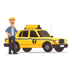 The taxi driver and yellow taxi cab. Vector illustr