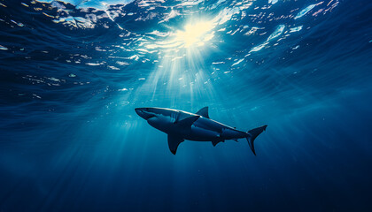 A shark glides through the deep blue ocean as sunlight filters down from above - obrazy, fototapety, plakaty
