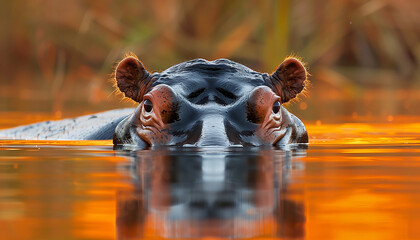 A hippopotamus is peaking out of the water at sunset, with its face reflected in the orange glow of the water - obrazy, fototapety, plakaty