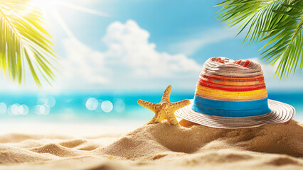 Summer holiday background with hat and starfish on sunny beach. Tropical island vacation concept