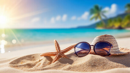 Summer holiday background with hat sunglasses and starfish on tropical beach at sunset.