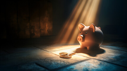 Piggy bank under a spotlight with coins, depicting financial savings or investment in a dramatic tone. - obrazy, fototapety, plakaty