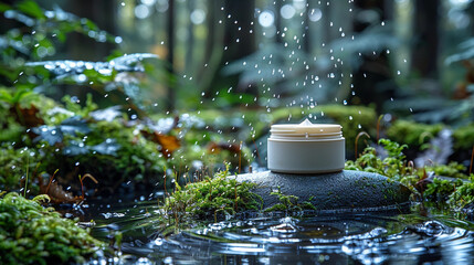 Glass cosmetic jar with skin face care moisturizer cream with rain and  water surface splashes on forest green plants background, eco beauty treatment.  Natural cosmetic concept