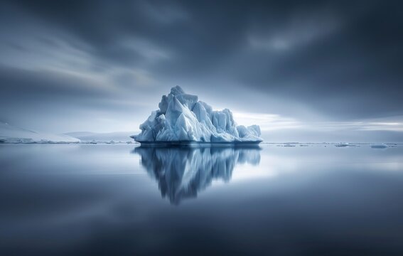 Beautiful Long Exposure of Iceberg in Water, with Frosted Sky and Sea.  Landscape Illustration.  Generative AI.
