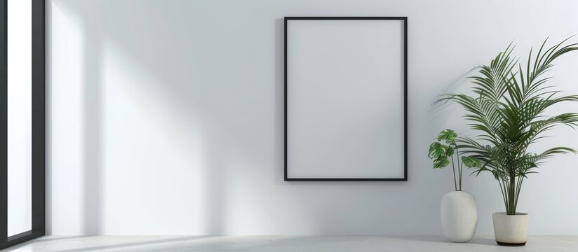 Picture frame in black hanging on a white wall. Empty template for display.