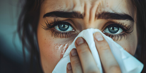 Woman with Dark Hair Blows Her Nose ,Dark-Haired Woman Clears Her Nasal Passages ,Woman with Dark Hair Clears Her Nose  - obrazy, fototapety, plakaty