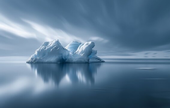 Beautiful Long Exposure of Iceberg in Water, with Frosted Sky and Sea.  Landscape Illustration.  Generative AI.
