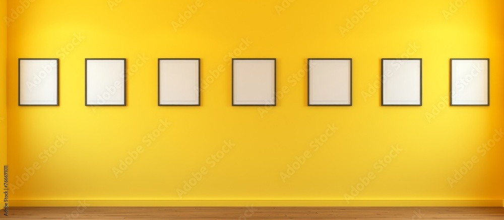 Poster a rectangular yellow wall adorned with a symmetrical row of white frames, creating a visually pleasi