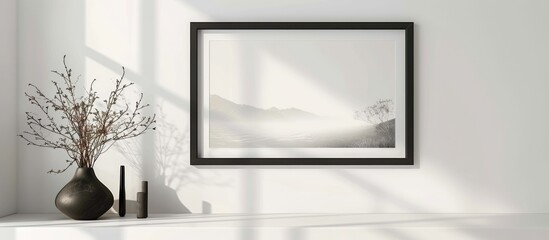 A landscape black photo frame mock-up displayed on a white wall.