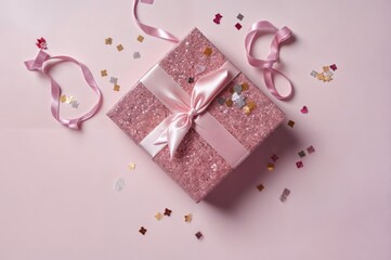 Pink gift box with pink ribbon and confetti on pink background.
