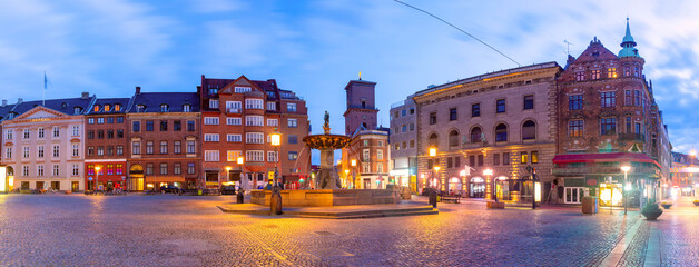 The oldest square Gammeltorv or Old Market with Caritas Fountain at night, Copenhagen, Denmark - 766691466