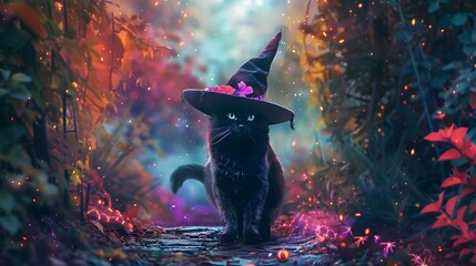 cat in the night with witch hat - obrazy, fototapety, plakaty