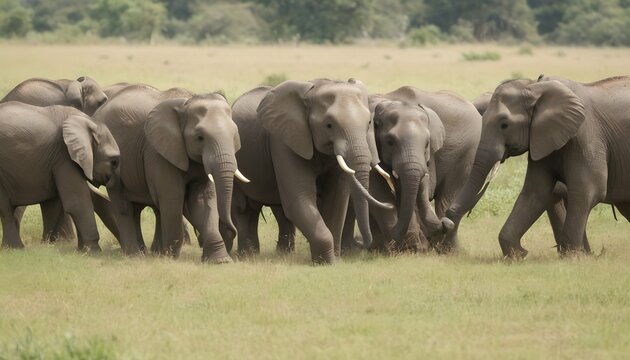 A Herd Of Elephants Playing In A Field