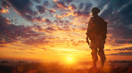 Silhouette of a armed soldier with sunset