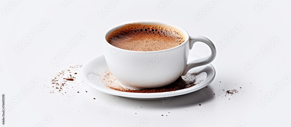 Poster a singleorigin coffee cup sits on a saucer on top of a white table, creating a beautiful display of 