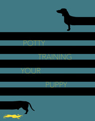 A dachshund dog has made a mistake on the floor in this 3-d illustration about potty training your puppy or pet. - obrazy, fototapety, plakaty