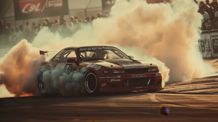 Drift Racing Action Cinematic photographs of drift racing competitions capturing the controlled chaos smoke-filled drifts and p AI generated illustration - obrazy, fototapety, plakaty
