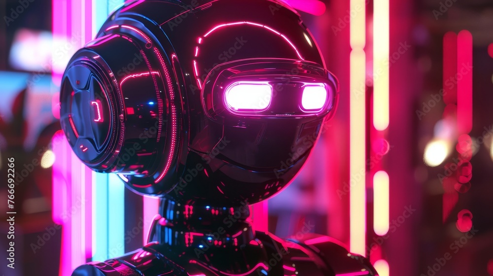 Poster futuristic robotics detailed shots of futuristic robots and androids illuminated by neon lights show
