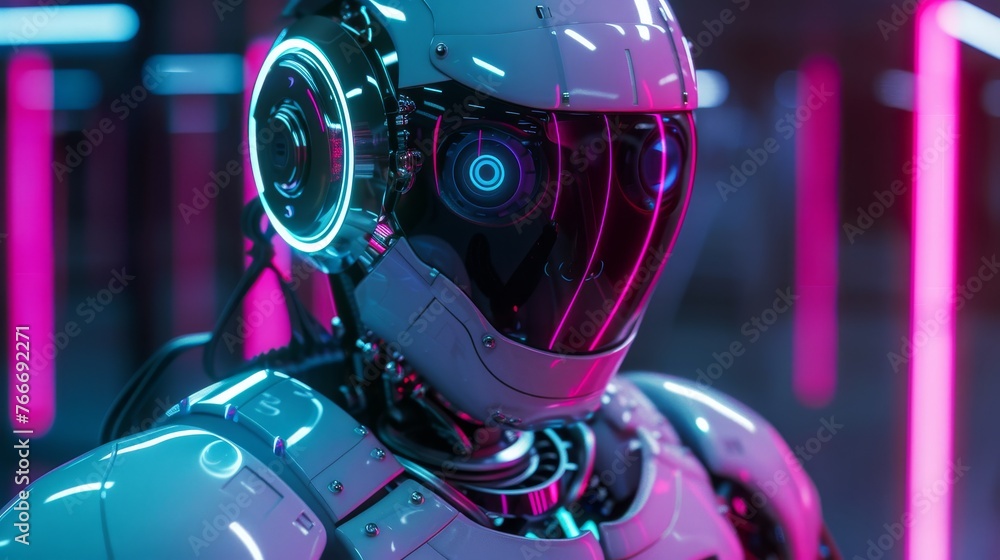 Poster futuristic robotics detailed shots of futuristic robots and androids illuminated by neon lights show