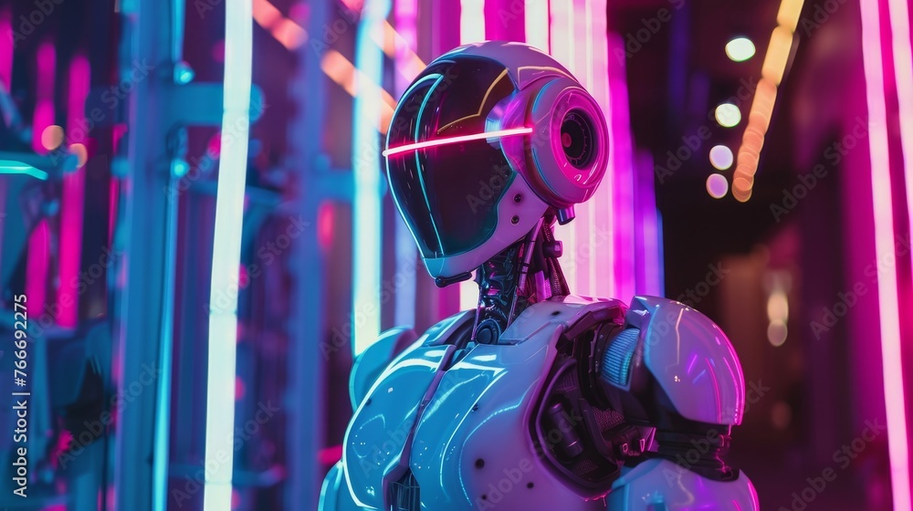 Poster futuristic robotics detailed shots of futuristic robots and androids illuminated by neon lights show