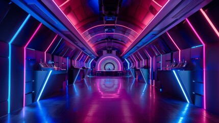 Futuristic Nightclubs Professional photographs of futuristic nightclubs and dance venues featuring neon-lit dance floors DJ boo  AI generated illustration