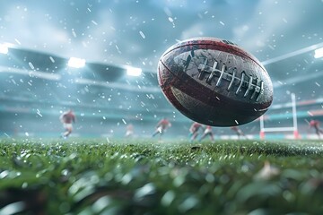 Rugby ball flying in stadium with players in background capturing the essence of thrilling rugby action. Concept Sports Photography, Rugby Action Shots, Athletes in Motion, Dramatic Sports Moments