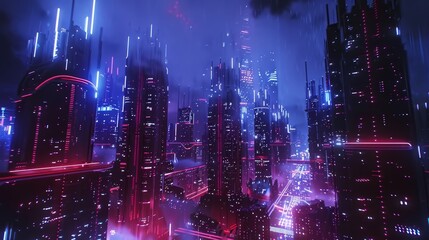 Fototapeta premium Futuristic Skyscrapers Detailed shots of futuristic skyscrapers and megastructures illuminated by neon lights showcasing archit AI generated illustration