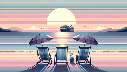Fototapeta na wymiar Vacation Wallpaper Background in Minimalism Style Overlooking the Ocean in Beach Chairs at Sunset