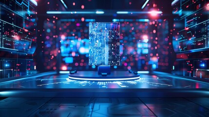 Fototapeta premium Tech Revolution Detailed captures of a cutting-edge tech product on a podium with futuristic lighting and effects to convey its AI generated illustration