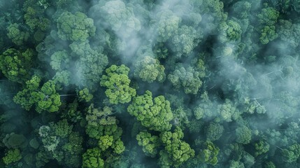 A bird's-eye view of a dense forest, with towering trees emerging from the mist. - obrazy, fototapety, plakaty