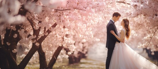 A bride and groom, in their wedding dress and suit, are standing under a cherry blossom tree for a fun and happy photoshoot with flash photography - Powered by Adobe