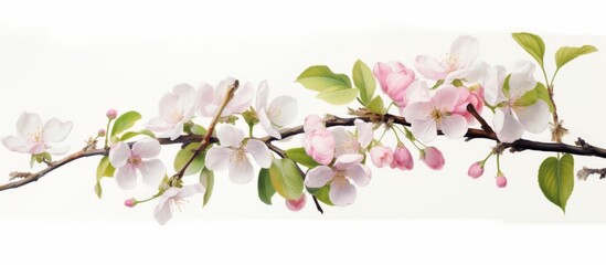 Obraz na płótnie Canvas An artful depiction of a cherry blossom branch with pink and white flowers, green leaves, and delicate twigs on a white background, symbolizing the beauty of nature